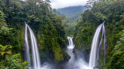 Fototapeta premium Lush rainforest surrounds cascading waterfalls. Dense foliage and misty air encircle the powerful water flows descending into a valley