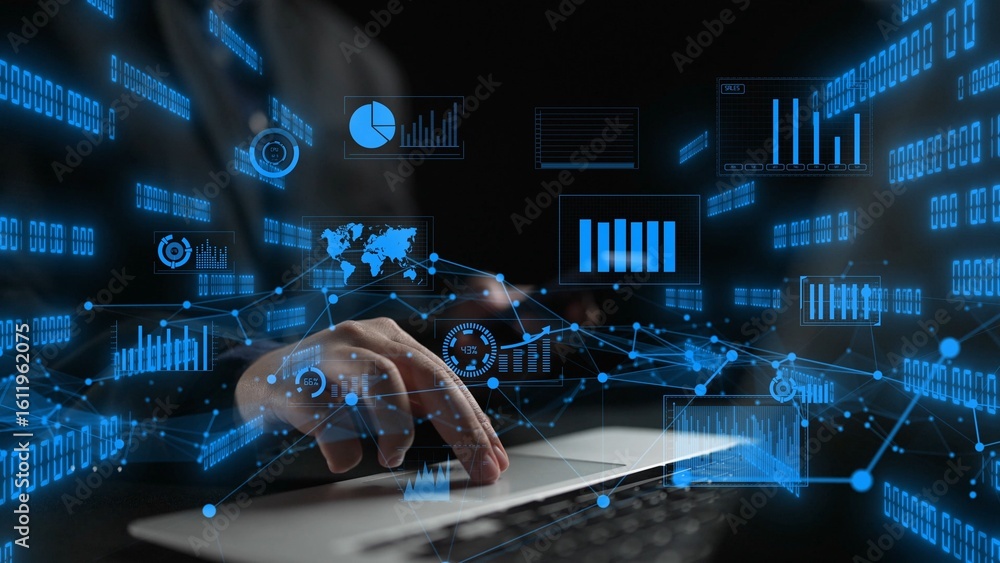 Poster a person types on a laptop surrounded by an array of digital graphs and data visualizations, represe