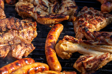 Pork chops, steak, sausages on barbecue grill
