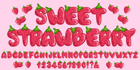 Strawberry Alphabet and Numbers. Cute Fruit Shaped Vector Font Illustration. Strawberry Graffiti Letters.
