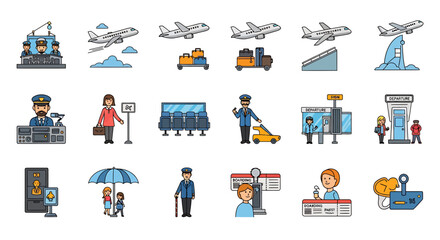 Vector Icons Set of colorful cartoon icons depicting airport scenes travel and aviation elements. EPS Editable
