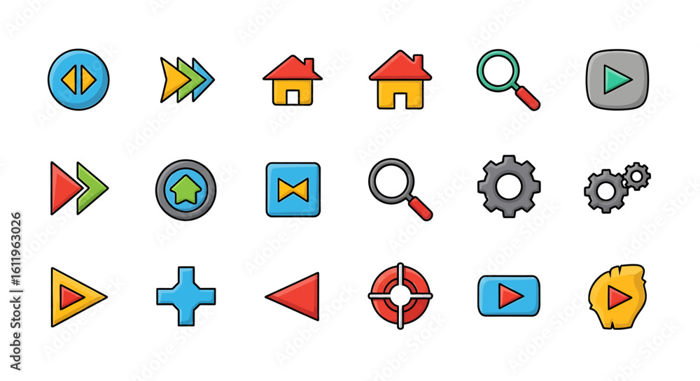 Poster vector icons set of colorful cartoonstyle ui icons with black outlines including arrows home search 