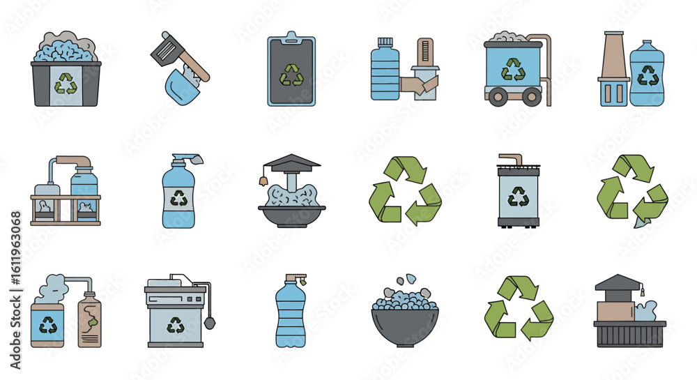 Poster vector icons set of colorful line art icons for plastic recycling and waste management processes col