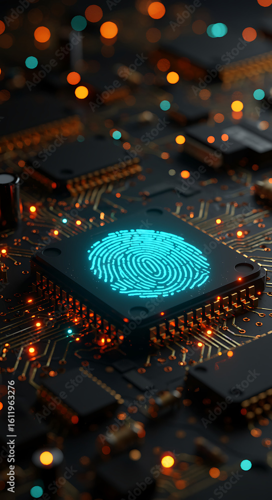 Poster futuristic cybersecurity concept with a glowing fingerprint on a central microchip, representing bio