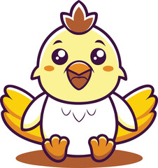 Obraz premium Adorable cartoon baby bird with yellow wings and black body sitting happily with a cheerful expression and rosy cheeks