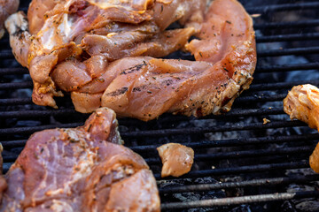 Pork chops, steak, sausages on barbecue grill