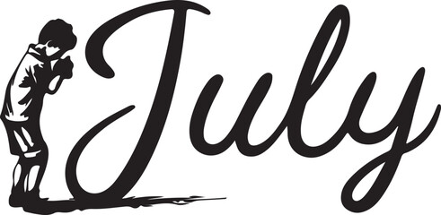 Black silhouette of a person looking down at the word July in cursive script month summer
