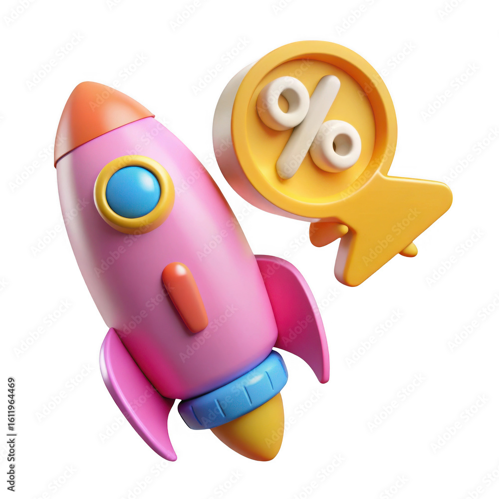 Poster rocket and percentage icon isolated on transparent background