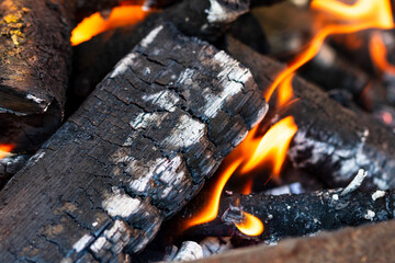Burning wood and fire flames. Empty hot charcoal barbecue grill with bright flame