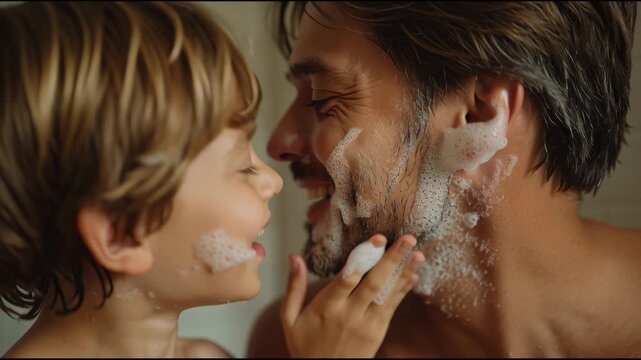 Intimate Father-Son Moment: A tender father and son share a special bonding moment, playfully enjoying a shaving foam experience. The scene radiates warmth and captures the essence of love, trust.