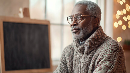 A thoughtful older black male teacher, wearing glasses and a cozy knitted sweater, sits indoors near a chalkboard, calmly looking into the space off-screen in soft natural light.