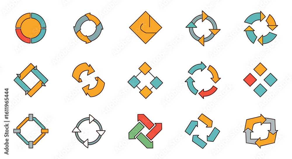 Poster vector icons set of vector icon set of colorful process diagrams circular flowcharts and pie charts 