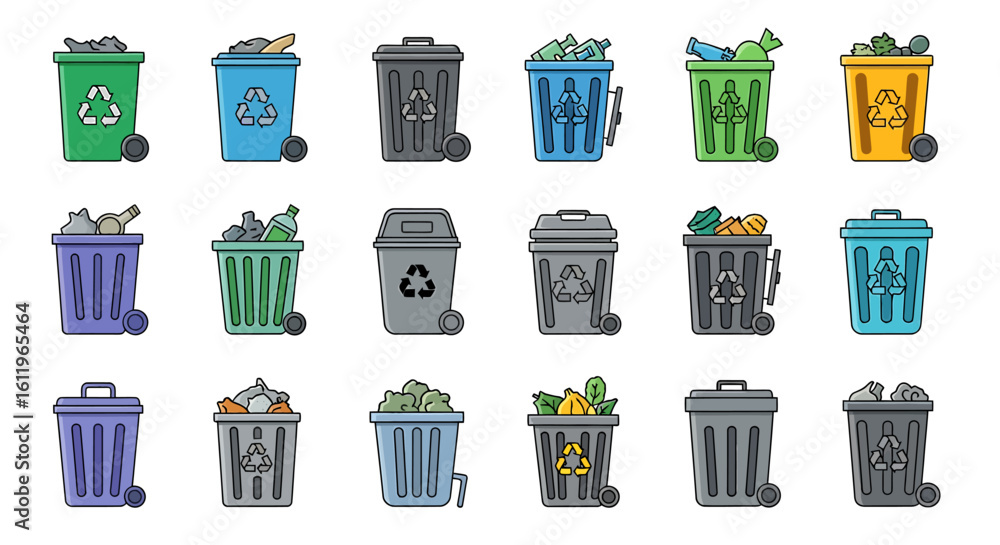 Poster vector icons set of vector icon set of colorful trash cans and recycling bins for waste management a