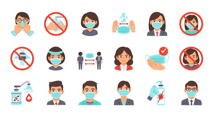 Vector Icons Set of Vector icon set for virus prevention and hygiene rules showing face masks hand washing and social distancing. EPS Editable