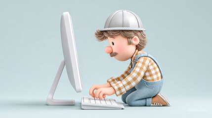 Worker, A cartoon technician is repairing a computer in a 3D illustration, ideal for technology-related content and visuals.