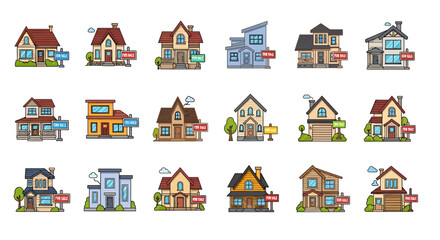 Vector Icons Set of Vector set of diverse cartoon residential houses with For Sale signs showcasing various architectural styles. EPS Editable