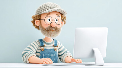 Worker, A cartoon technician repairing a computer in 3D, showcasing technical skills in a playful style.