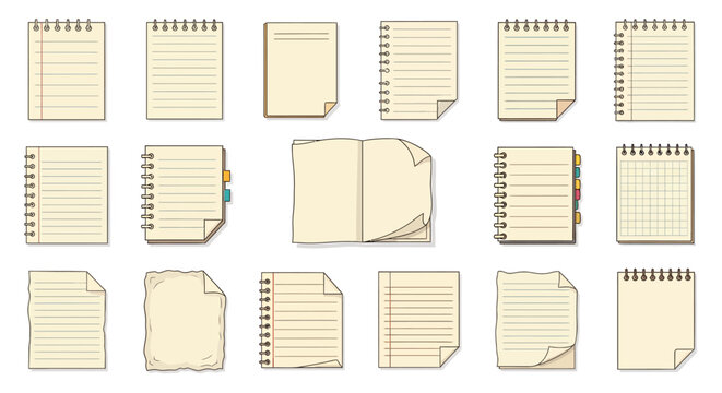 Vector Icons Set of Vector illustration set of various notebook paper sheets including lined blank and gridded pages with spiral bindings and torn edges. EPS Editable