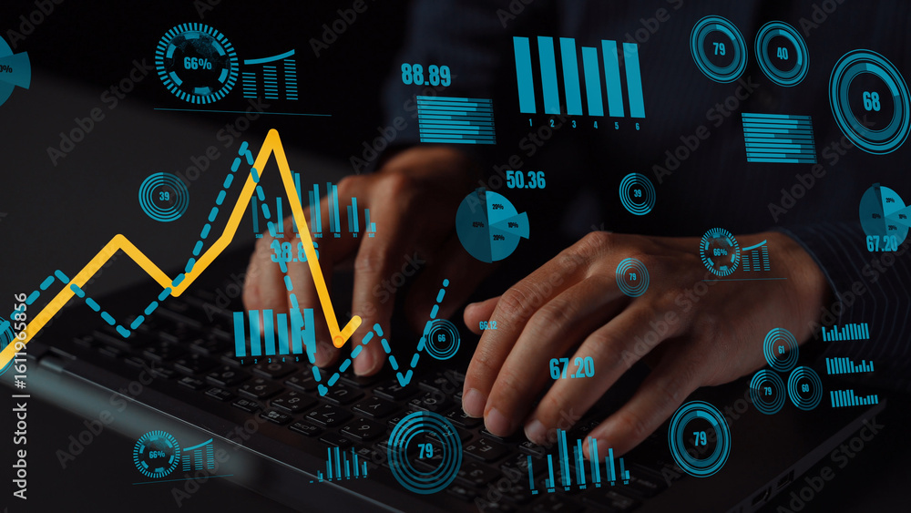 Poster a focused scene of hands typing on a keyboard surrounded by vibrant analytics graphics, illustrating