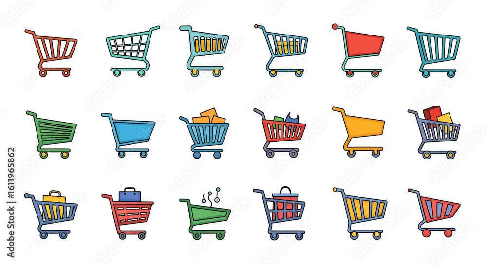 Poster vector icons set of vibrant collection of shopping cart icons both empty and full in a modern flat d