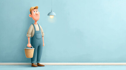 Worker, A cartoon technician replacing a light fixture, showcasing work in a colorful and engaging style.