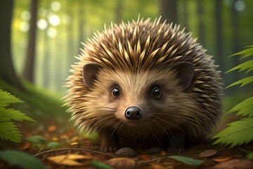 Fototapeta premium Adorable hedgehog in a sunlit forest wildlife nature