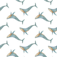 Blue whale horizontal line seamless pattern hand drawn on white background. Watercolor illustration for stationary, textile, wallpaper, wrapping paper, eco, room decor and design.