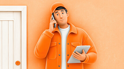 Worker, A cartoon technician engages in conversation with a client in a 3D illustration, showcasing a professional interaction.
