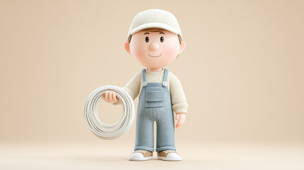 Worker, A cartoon technician testing network cables in an industrial setting, ideal for technology-related visuals.