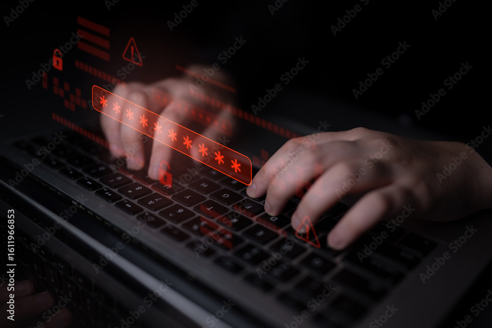 Poster password security breach warning with red asterisk box, cybersecurity alert, lock icons, and critica