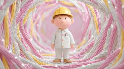 Worker, A cartoon technician testing network cables in a playful style, showcasing technology and connectivity.