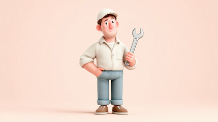 Worker, A cartoon technician tightening a screw in a 3D style, perfect for illustrating technical work or maintenance themes.