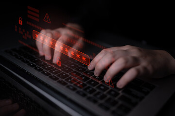 Password security breach warning with red asterisk box, cybersecurity alert, lock icons, and...