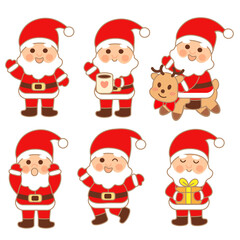 Cute kawaii Santa Claus set in different poses. Holding gift, cocoa mug, riding reindeer, dancing, and making faces. Christmas cartoon character collection. Flat vector illustration.
