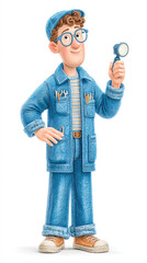 Worker, A cartoon technician using a flashlight while inspecting in a playful, colorful design.