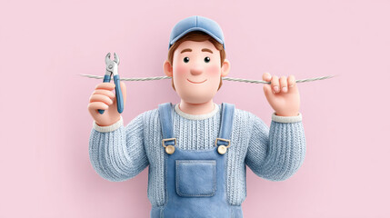 Worker, Cartoon technician using pliers to work on electrical wires in a playful and creative illustration.