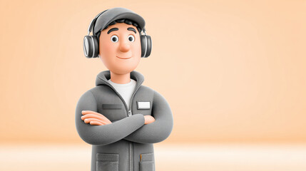 Worker, A cartoon technician wearing ear protection, highlighting safety in industrial work environments.