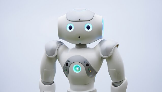 Close up of a White Nao Robot with Blue Eyes and Chest Light - Powered by Adobe