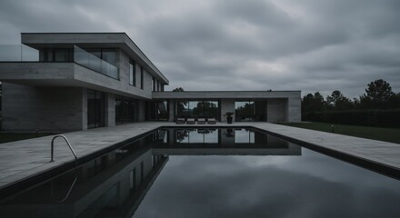 Fototapeta premium Modern Luxury Home with Pool and Cloudy Sky