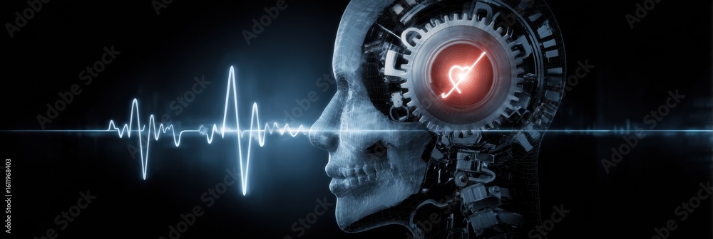 Poster clockwork head with glowing heartbeat and synchronized ticking in a surreal display of mechanical ar
