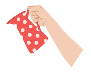 Female Hand Holding Red Jug with Polka Dots Pattern, Flat Vector Garden Illustration