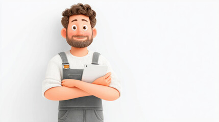 Worker, A cartoon technician using a digital tablet, ideal for tech-related projects and illustrations.