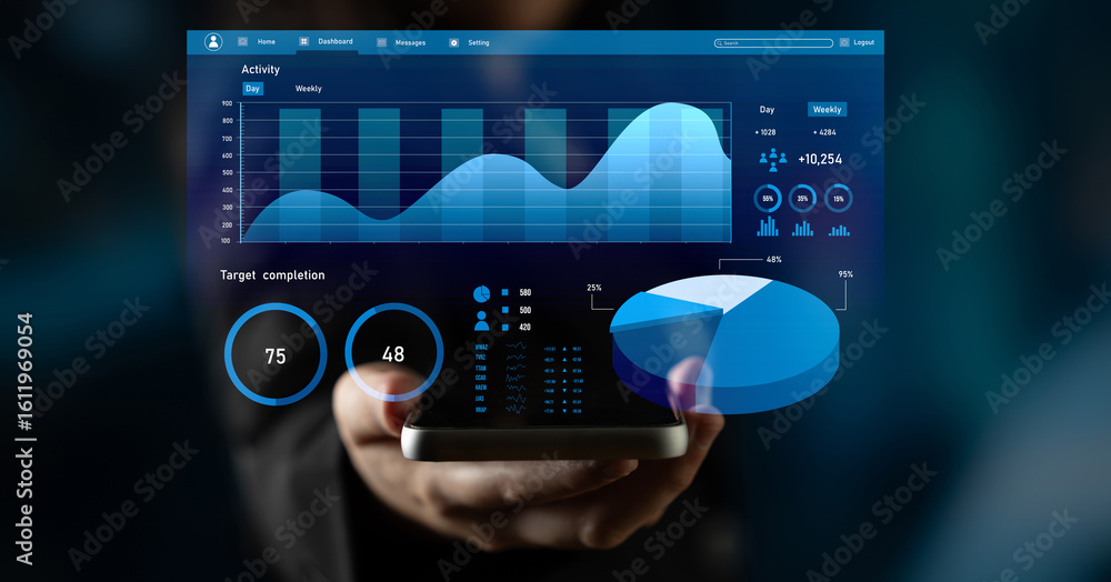 Poster a person holds a smartphone displaying a business analytics dashboard featuring graphs and charts. t
