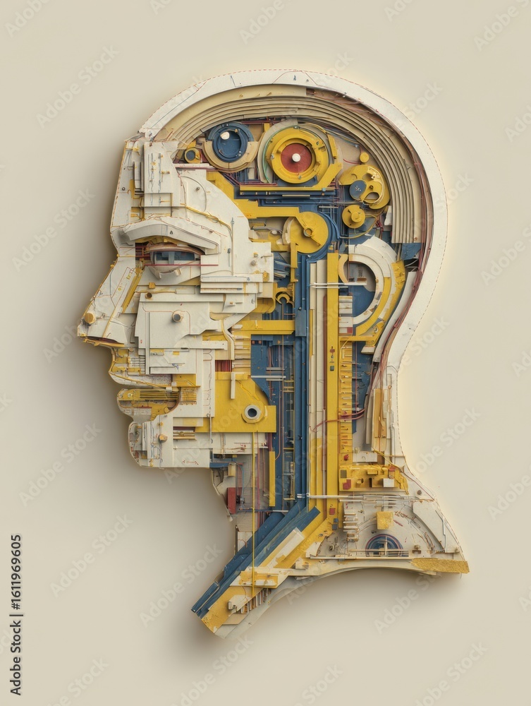 Poster cutout of human head layered with intricate circuits and gears showcasing innovative design and tech