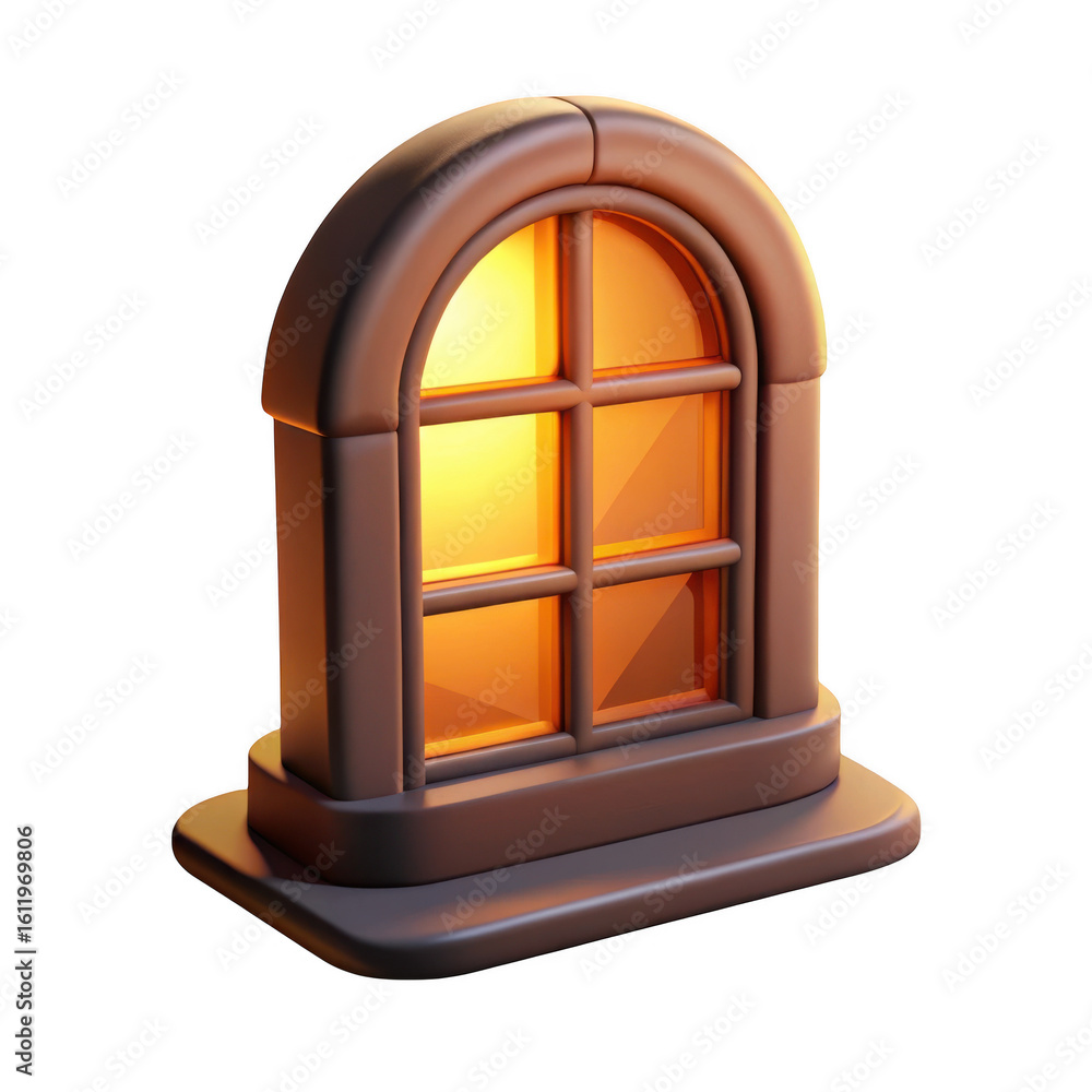 Poster 3d arched window with warm light isolated on transparent background