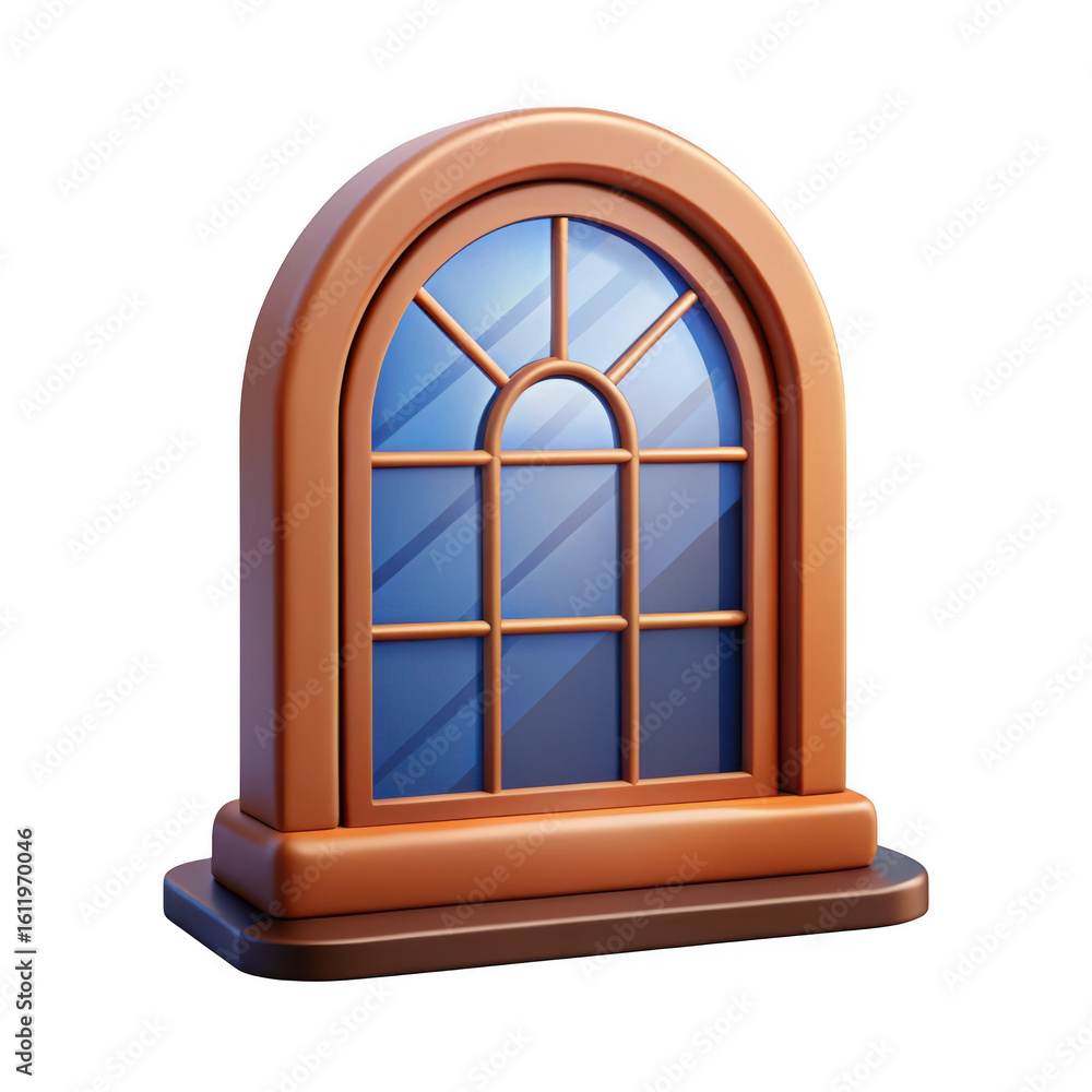 Poster 3d arched window with brown frame isolated on transparent background