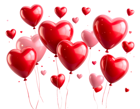 Romantic 3D Floating Hearts and Balloons with Love Symbols, Transparent Background