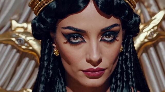 Close-up video still of a regal woman with intricate braids and a golden crown, exuding a dramatic and ancient royalty vibe from a frontal angle.