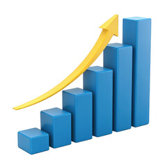 3d blue bar graph with yellow upward arrow isolated on transparent background