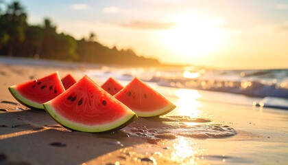 Watermelon slices on beach at sunset (2)